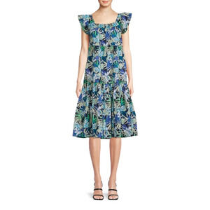 Women's Size Small (4-6) Tiered Square Neck Dress Dark Navy Soft Tropical Floral